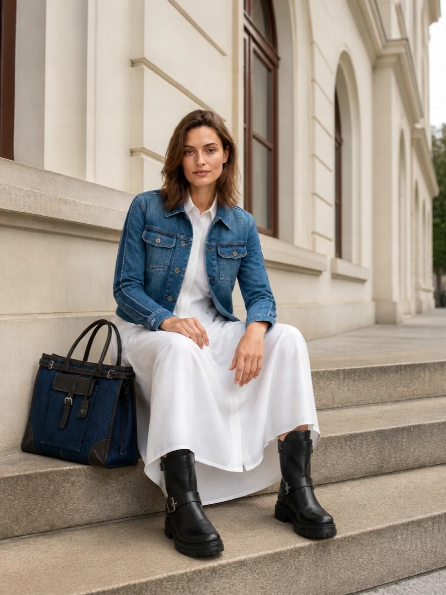 I’m styling the Dior denim jacket over a long, pure Jil Sander shirt dress to keep the silhouette clean and vertical, with the jacket acting like a cropped, tailored top layer instead of competing denim. Chunky Gianvito Rossi biker boots add weight at the hem so the column of white does not feel too airy, while the inky Prada tote quietly repeats the deep blue of the jacket in a more structured, grown-up way. The result is city day dressing that reads discreet, modern and quietly expensive rather than theme-y or casual.
