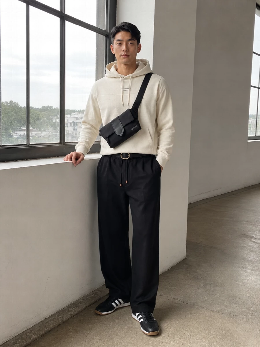 Drole de monsieur black trousers cream hoodie outfit