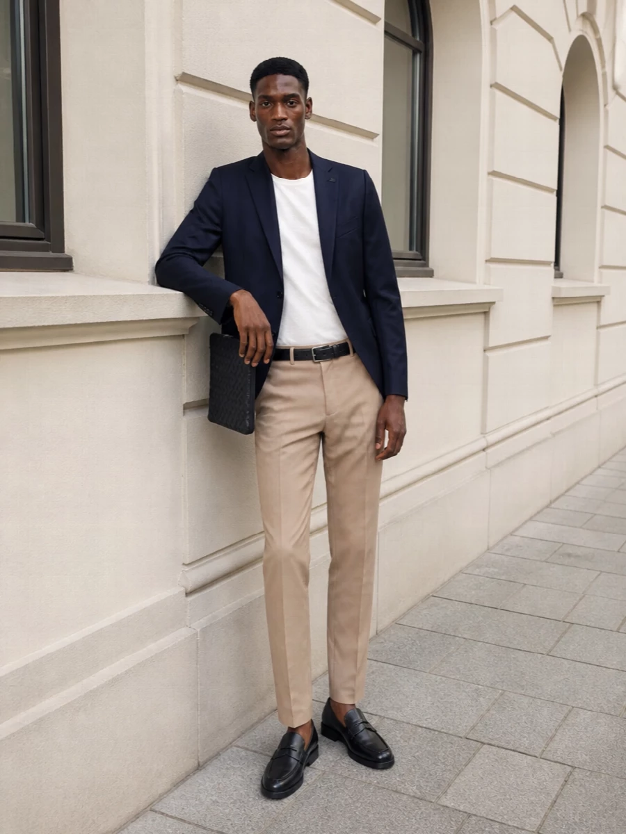 Tagliatore navy blazer beige trousers loafers