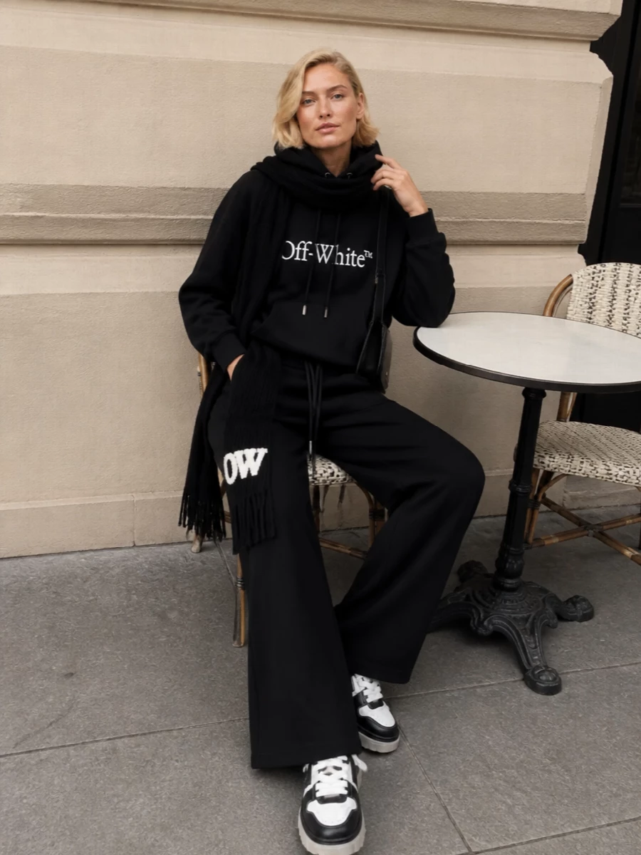 Off white black hoodie wide leg pants sneakers