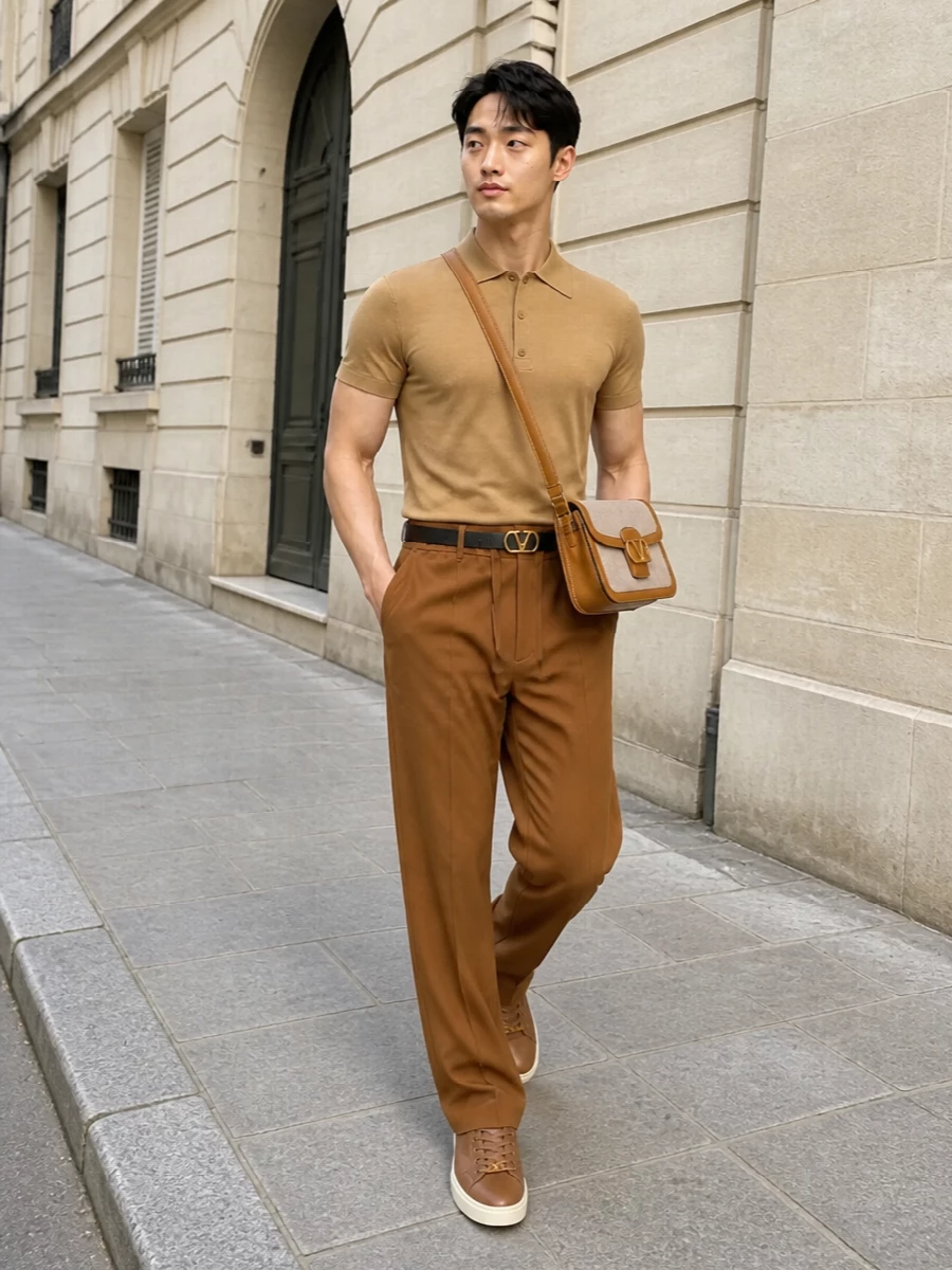Mens tonal camel knit polo drawstring trousers outfit