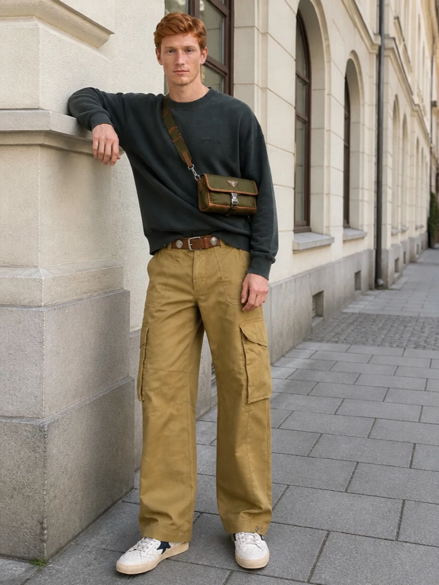 Camel wide-leg cargos meet a washed charcoal sweatshirt for a grounded, utility-driven streetwear set that feels easy but considered. Distressed off-white sneakers echo the worn-in attitude, while an olive technical crossbody and studded tan belt quietly lean into the workwear story without shouting logos. The result is relaxed, city-ready and cohesive in both color and mood.