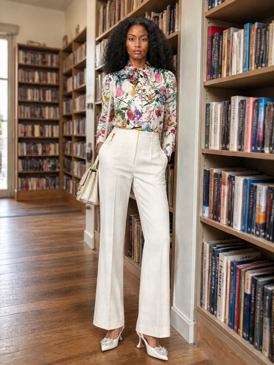 The floral Gucci blouse is grounded with tailored ivory wide leg trousers for a romantic, preppy take on cocktail dressing. Crystal pinned slingbacks and a structured ivory shoulder bag pick up the blouse’s light ground and gold accents, keeping everything polished but soft. The result is sharp enough for gallery openings and dinners while still feeling feminine and playful in daylight.