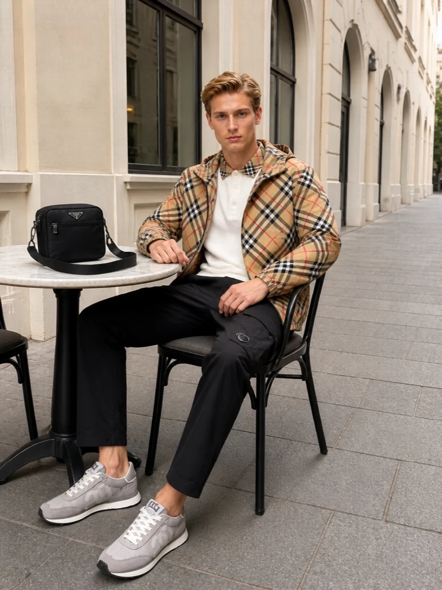 Burberry check jacket outfit cargo pants