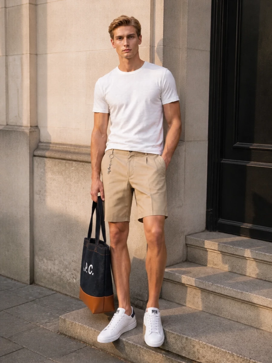 Paul shark white tee khaki chino shorts outfit