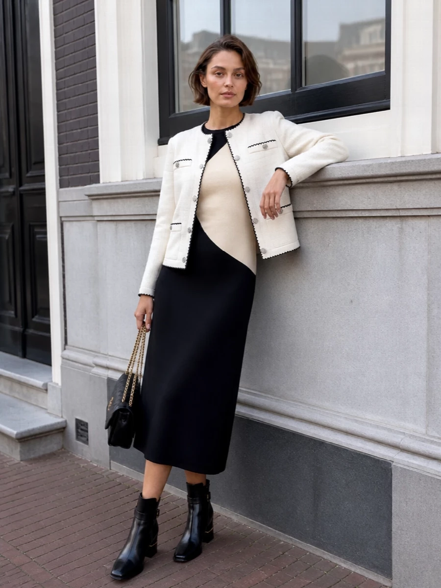 Tory burch ivory jacket black knit midi dress