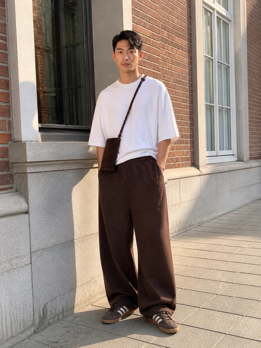 Ultra-wide chocolate trousers sit under a boxy soft white tee for an easy, graphic play of light and dark. Brown terrace trainers and a slim chocolate crossbody keep everything grounded in relaxed, minimalist streetwear while small hits of color at the sock add just enough personality. The result feels slouched and modern without losing precision in the lines.