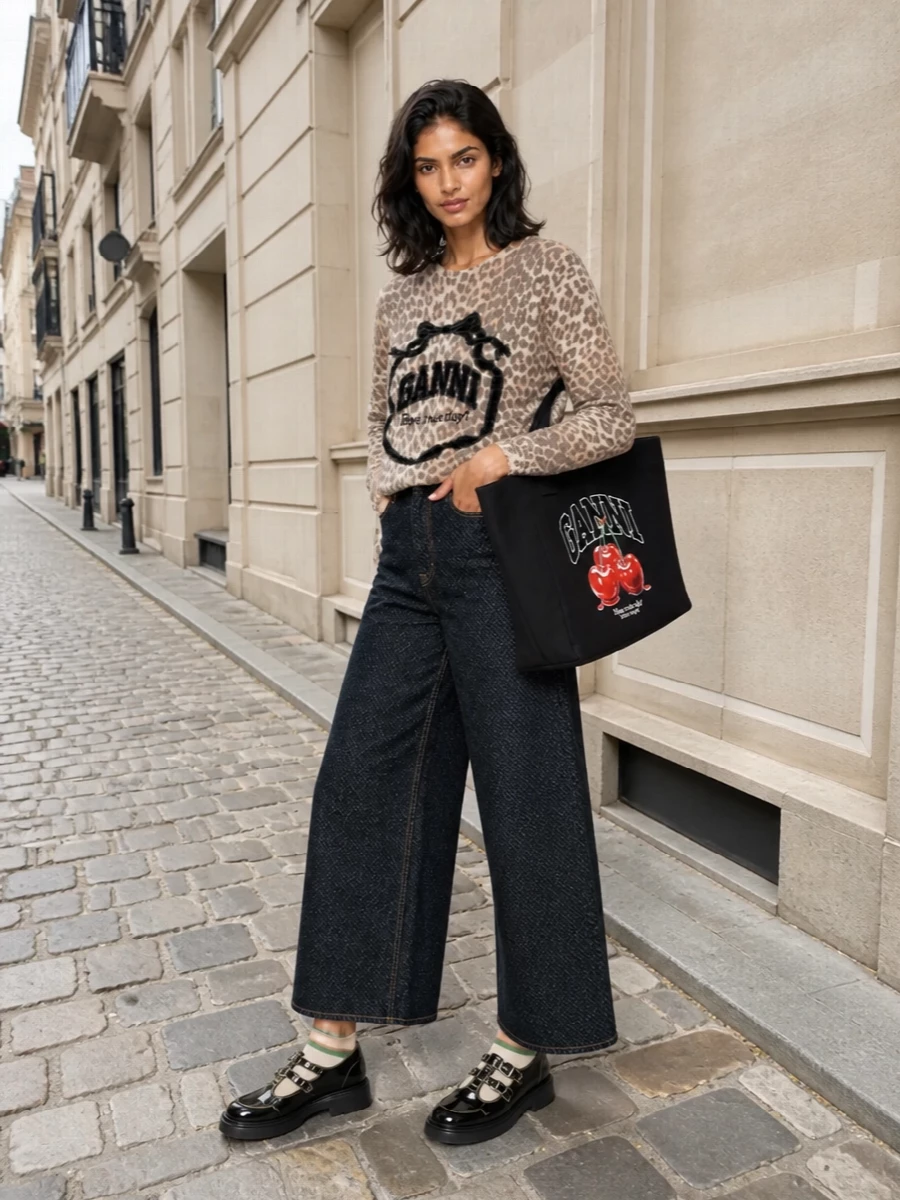 Ganni leopard sweater wide leg jeans outfit