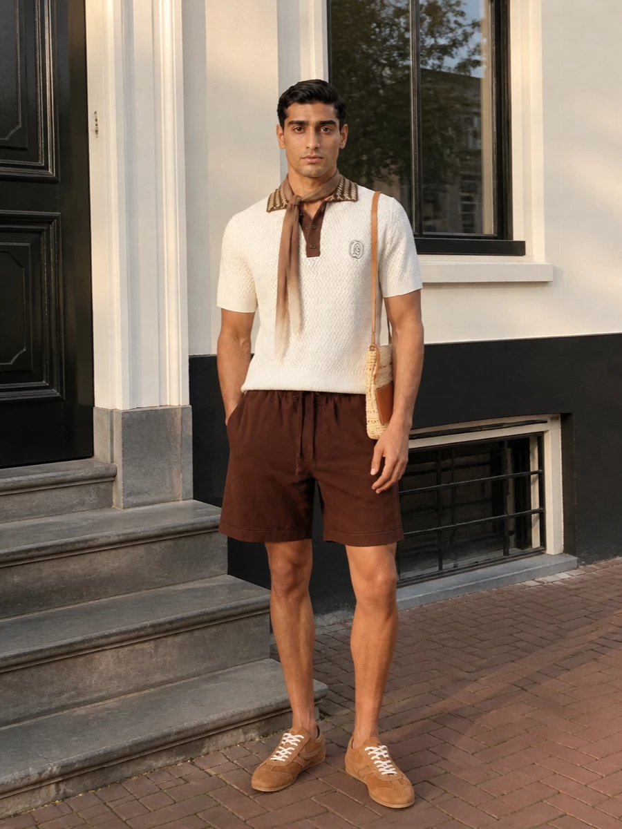 Drole de monsieur knit brown shorts outfit