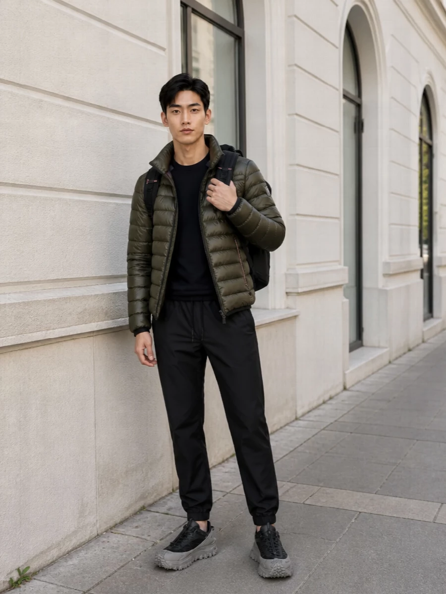 Moncler grenoble olive padded jacket outfit