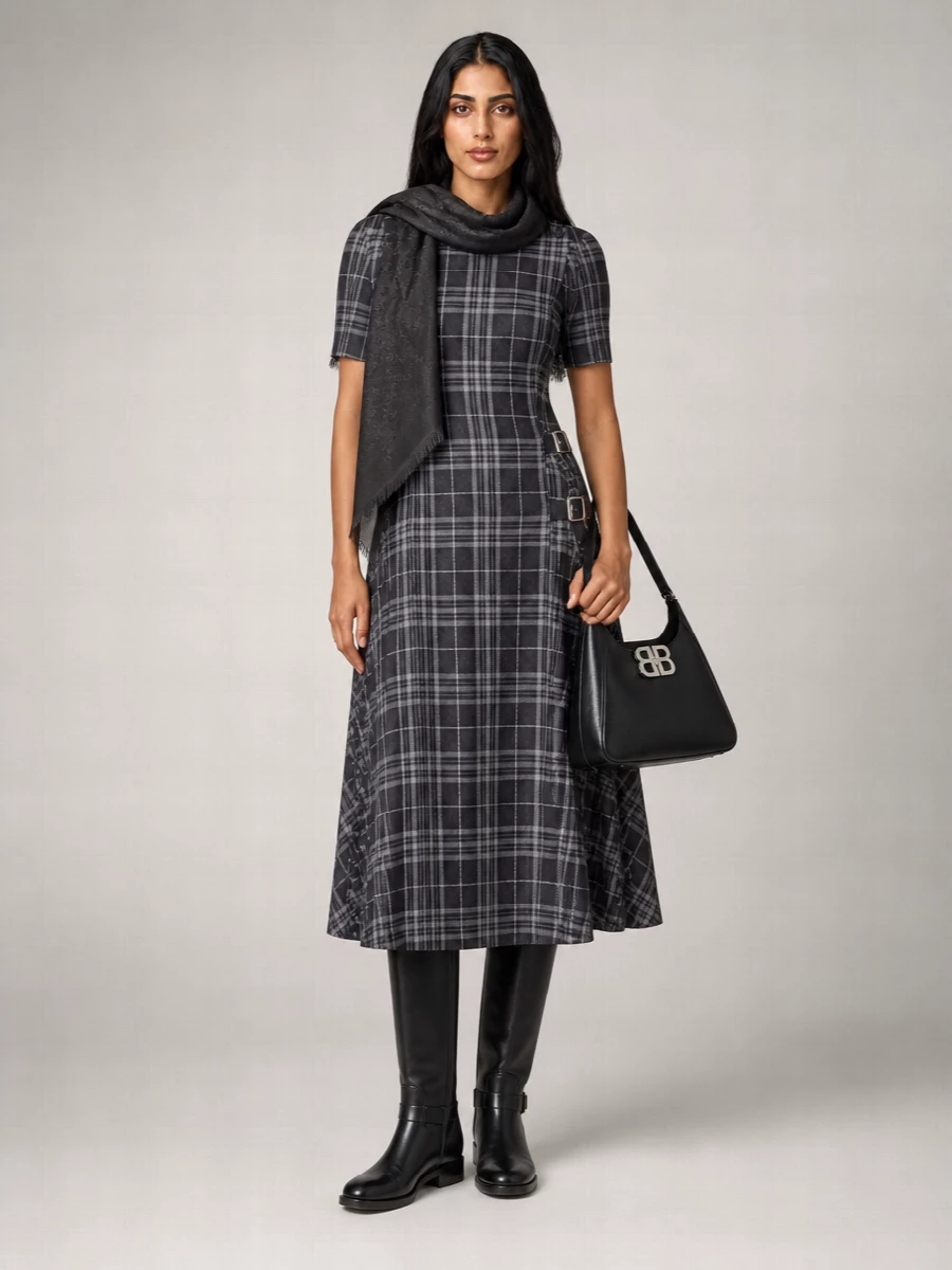 Burberry Wool Blend Checked Short-Sleeve Midi Dress