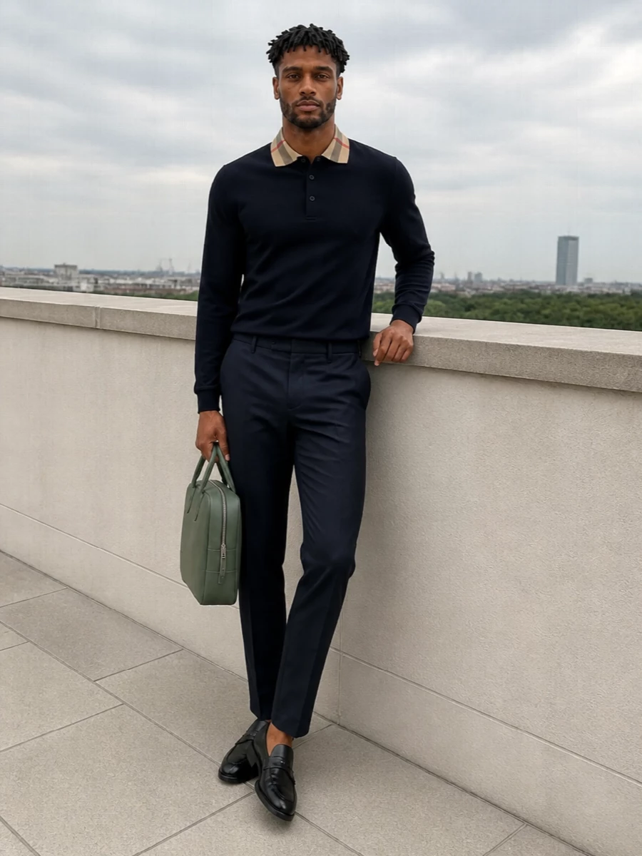 A deep navy story runs from the Burberry polo through the inky slim trouser, keeping the outfit clean and quietly confident. Sleek black loafers sharpen the line, while the structured sage briefcase adds a discreet note of colour that still reads boardroom ready. The result is tailored and preppy without feeling stiff, ideal for days that shift from meetings to dinner.