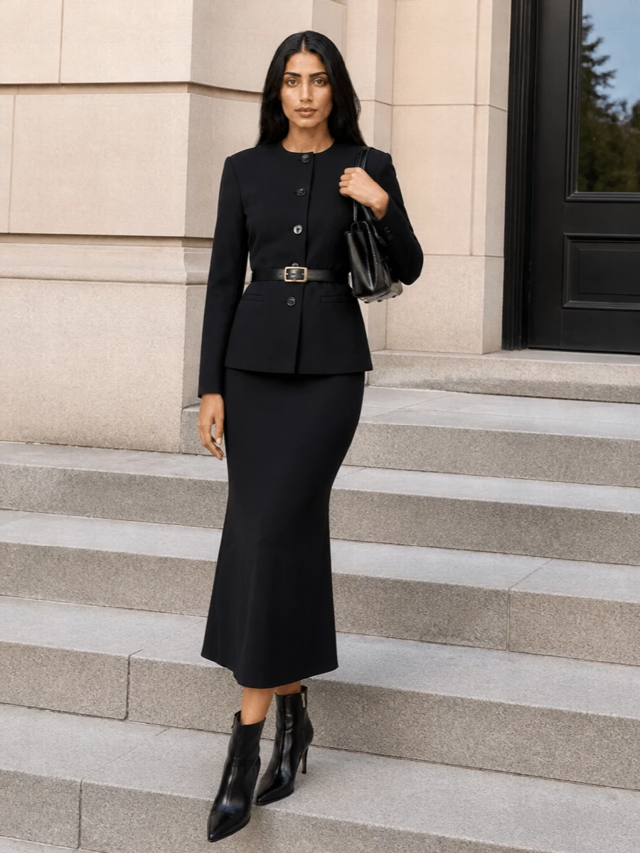 Anine bing black blazer midi skirt ankle boots