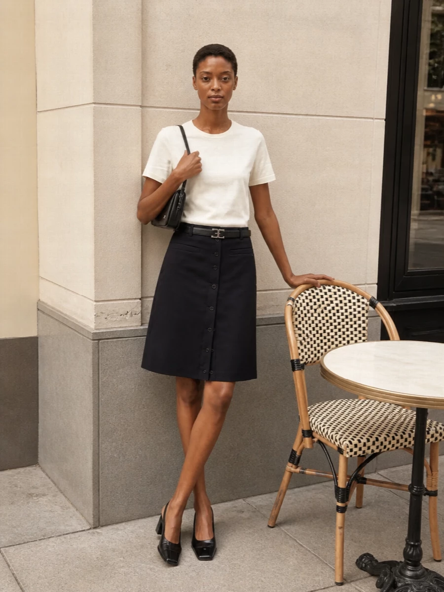 Courreges ivory tee navy skirt outfit