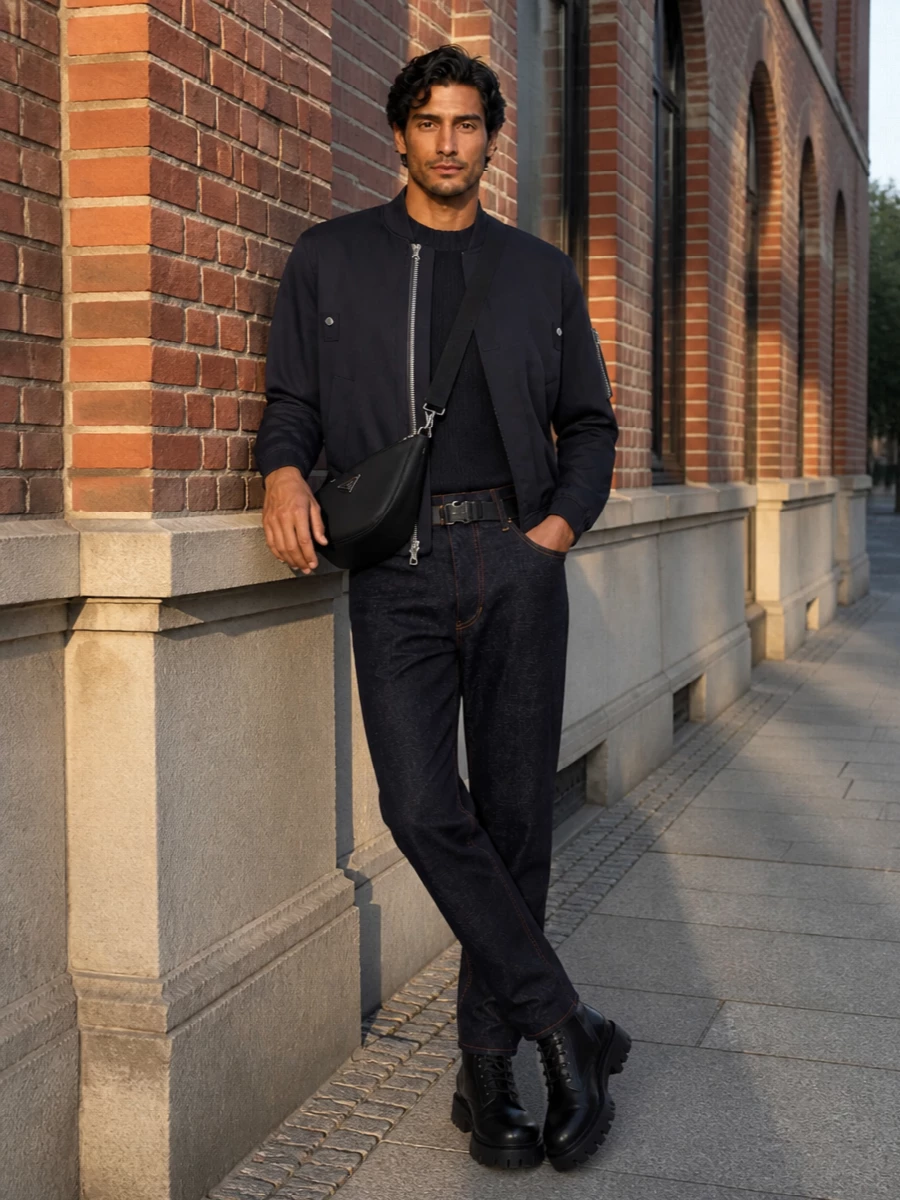 Sacai bomber raw denim combat boot outfit