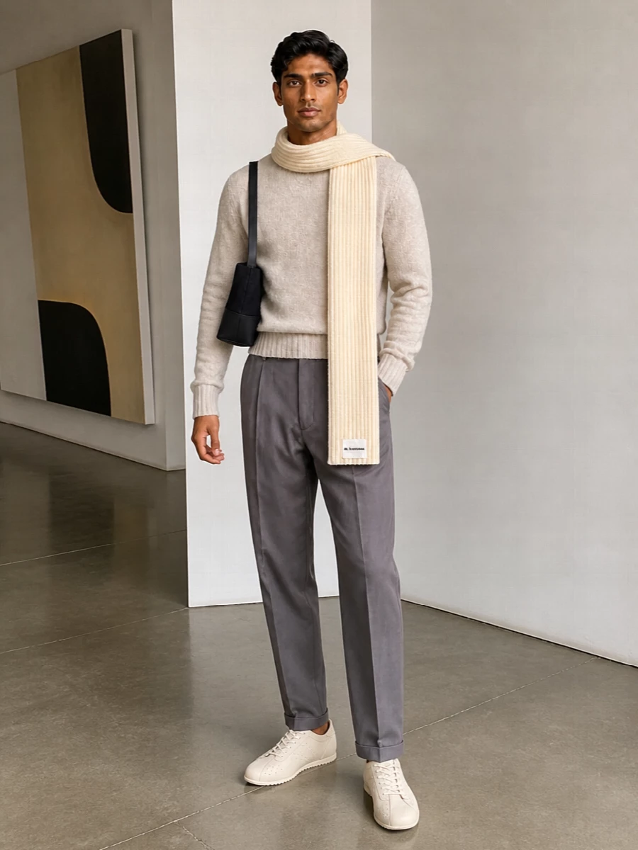 Herno beige sweater grey trousers cream sneakers
