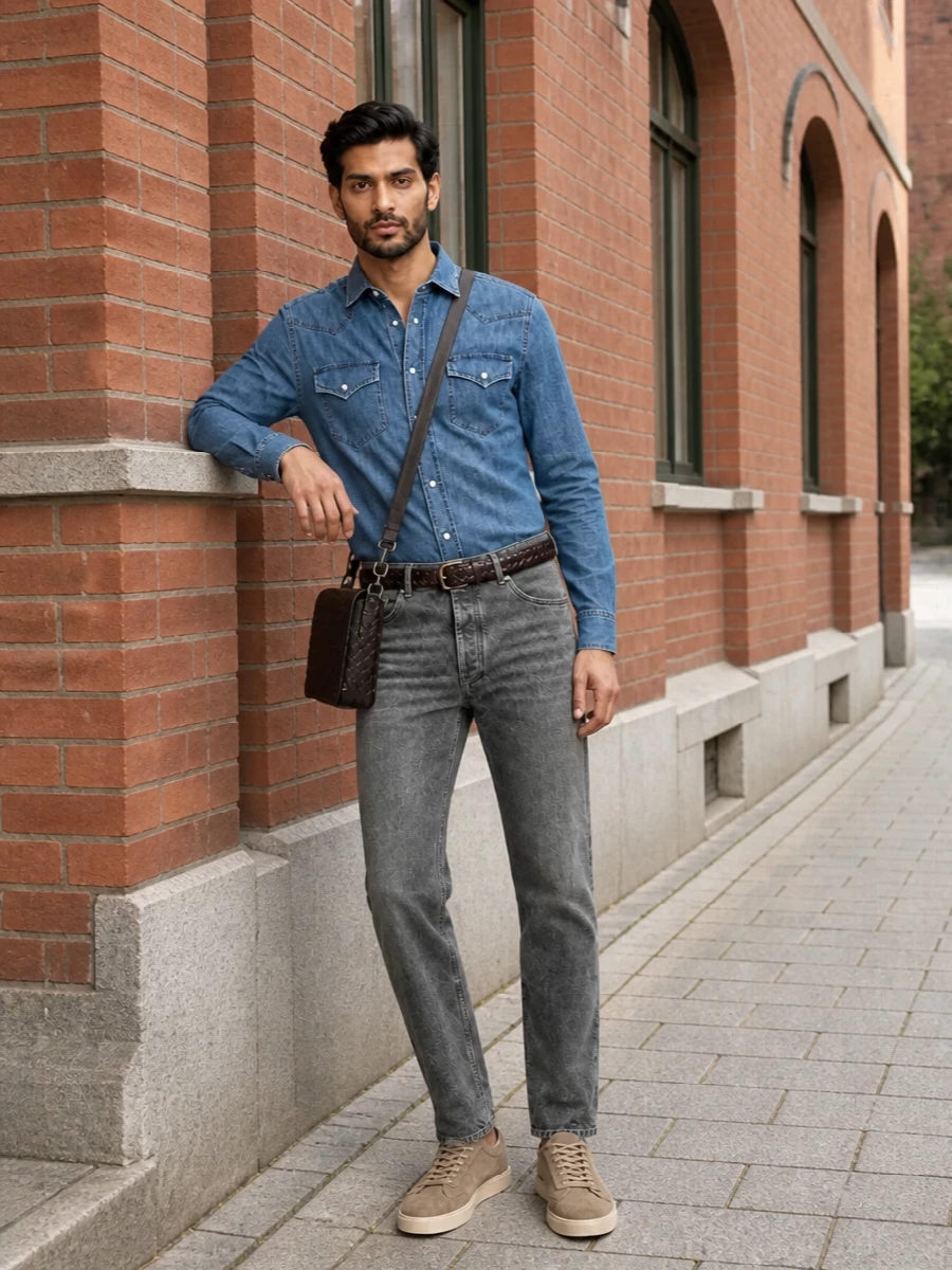 Brunello cucinelli denim shirt grey jeans outfit