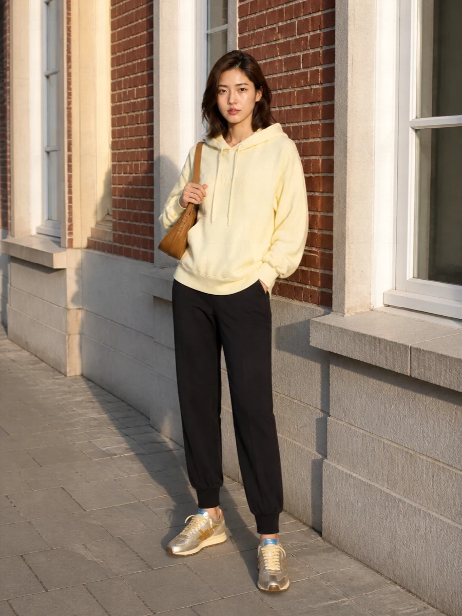This is a quietly polished sport-influenced outfit built around soft neutrals and subtle shine. The buttercream knit and charcoal joggers keep things relaxed but considered, letting the metallic runners be the focal point. The caramel shoulder bag ties into the warm gold accents, giving the whole ensemble an easy city readiness that still feels luxurious.