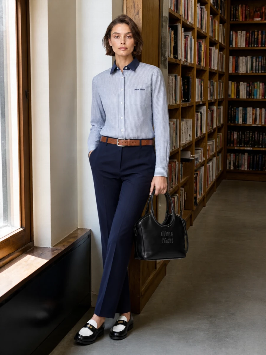 Miu miu striped shirt navy trousers loafers