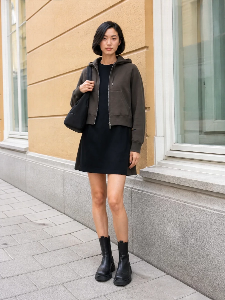 This reads as a Sacai-centric city uniform layered over a slim, technical hoodie, with the shift dress introducing movement and structure instead of more fleece. I chose the dress route over hoodie-and-bottoms so the outerwear can play off a single, architectural underlayer, keeping the palette deep and utilitarian while the Chloé boots and Margiela bag add controlled volume and a subtle subversive edge. The result is a grounded, off-duty combination that feels engineered rather than casual, ready for long urban days and evenings without changing a piece.