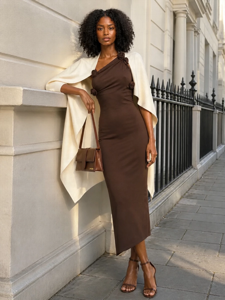 Coperni brown asymmetric dress chocolate heels