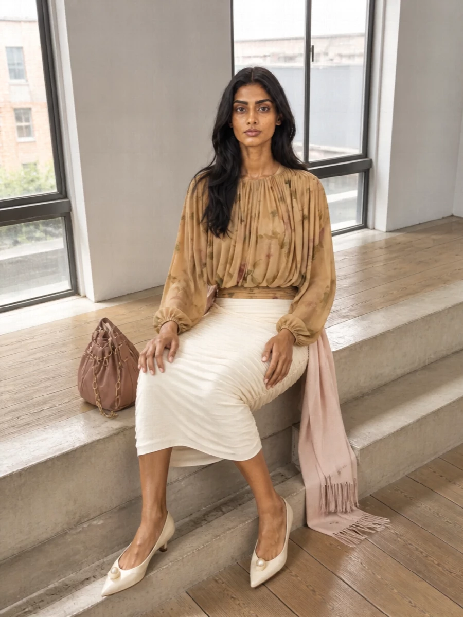 Magda butrym floral top ruched midi outfit
