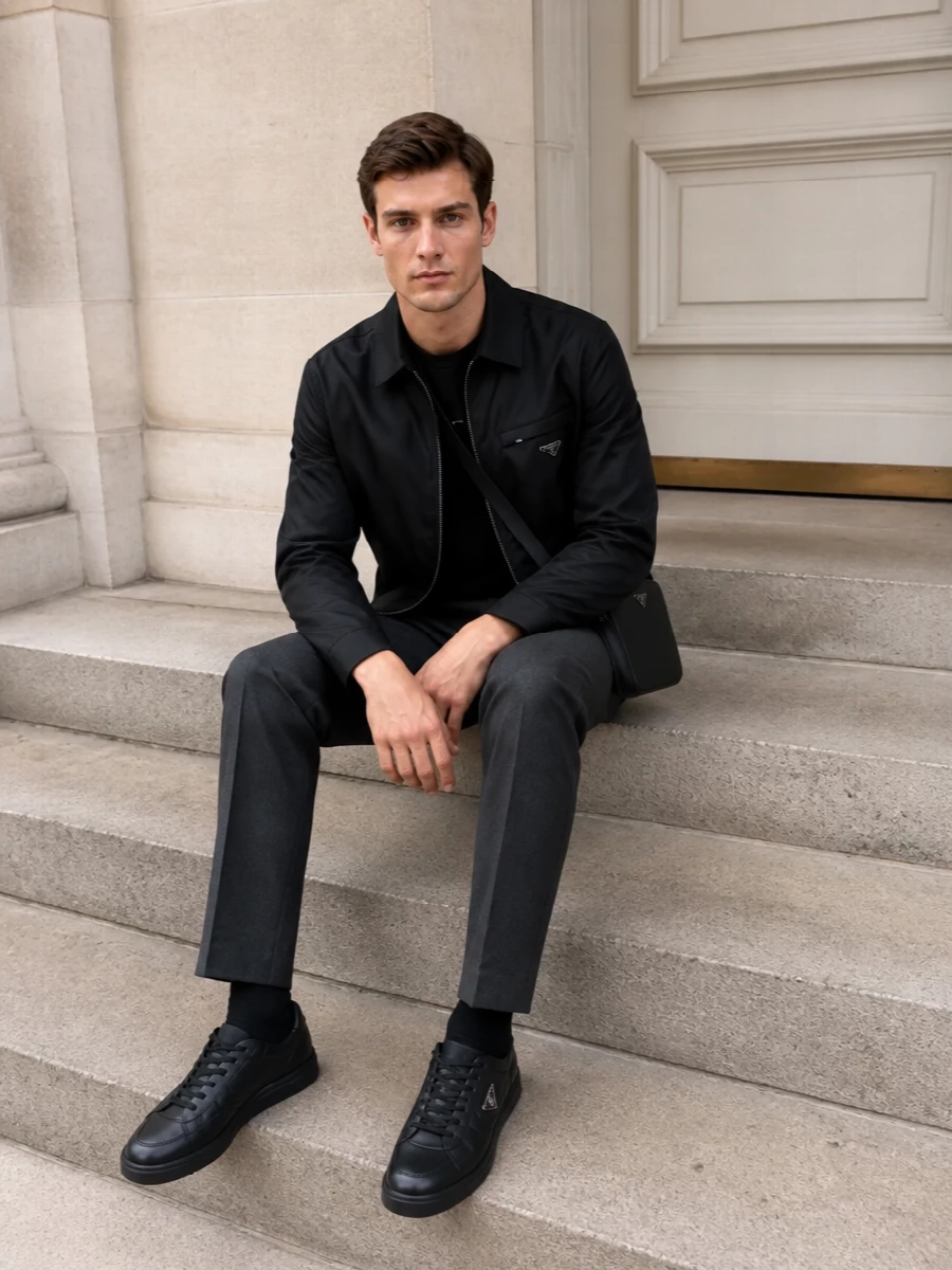 Prada black blouson charcoal trousers outfit