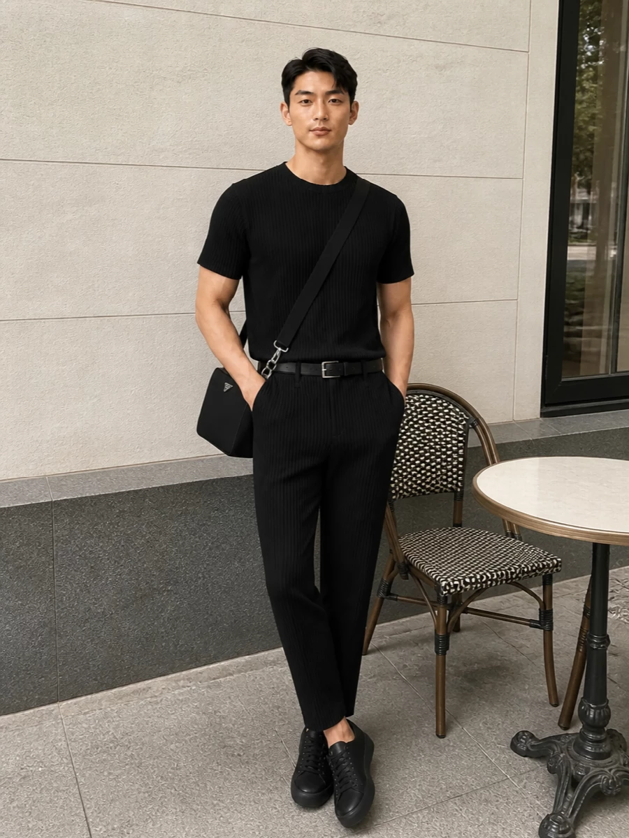 A fully pleated black column keeps the mood sharp yet relaxed, the cropped trouser and tee reading like a single, sculptural surface. Prada sneakers and a nylon crossbody reinforce the quiet, technical edge, while a slim Saint Laurent belt gives just enough structure at the waist. It is an easy city uniform that moves between galleries, travel days and low-key evenings without ever feeling overdone.