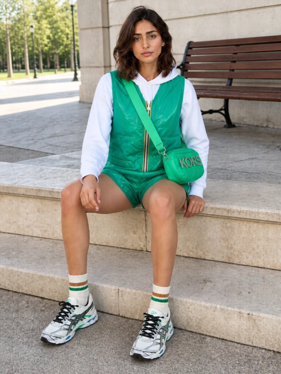 K way green vest outfit asics sneakers