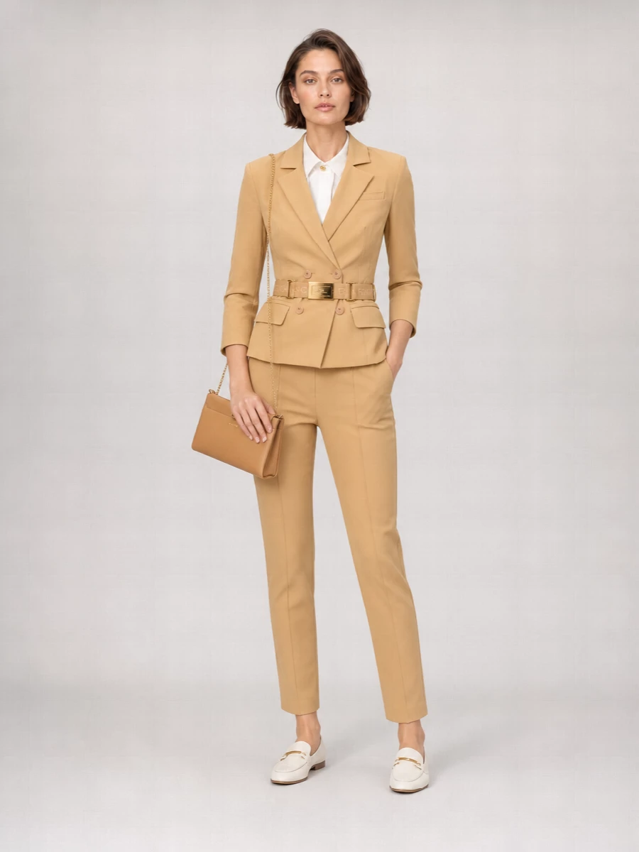 Camel suiting stays quietly precise here, with the matching trouser echoing the blazer’s nipped waist and pressed seams for a clean, elongated line. Ivory loafers and a tonal camel bag keep everything soft and boardroom-ready without feeling stiff, while a nude-blush belt adds a subtle hit of polish that still reads understated. It is a warm, tailored take on quiet luxury that moves easily from client meetings to early dinner reservations.