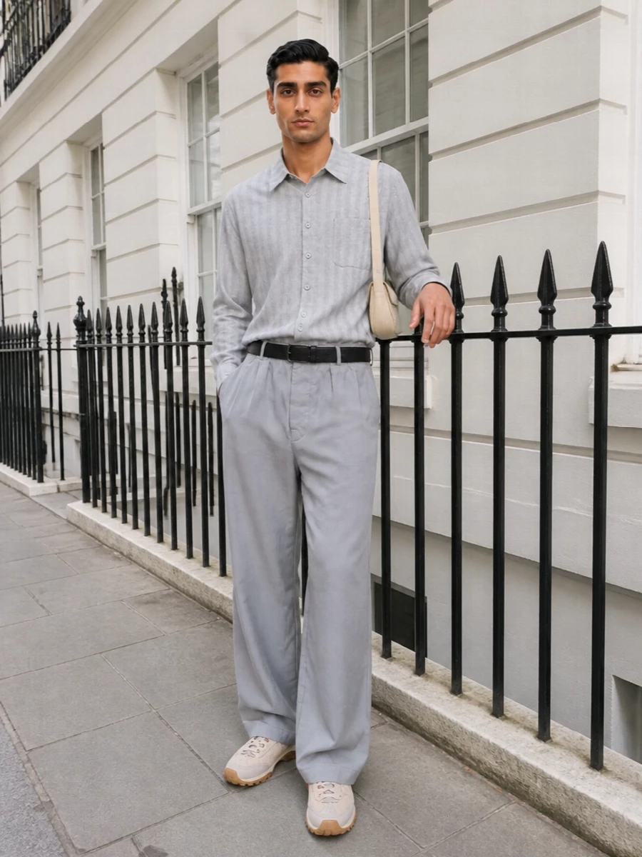 A pale grey Our Legacy shirt sits over softly structured light grey wide-leg trousers for a calm, tonal foundation. Trail-inspired suede sneakers keep the mood relaxed but precise, while a slim buttercream shoulder bag and discreet black belt introduce minimalist structure without disturbing the ease. The result is quietly polished daywear that feels modern through proportion and texture rather than color contrast.