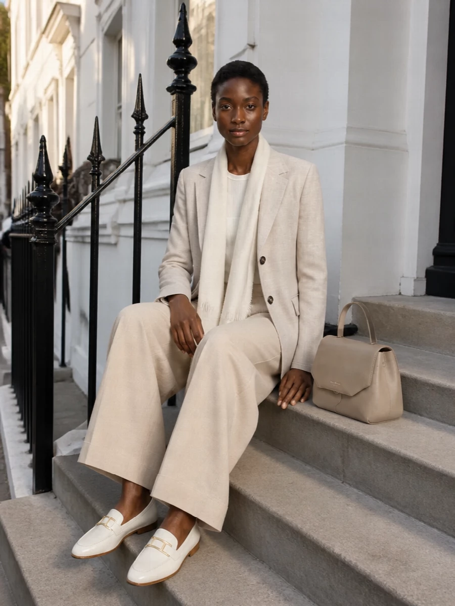 Max mara beige blazer wide leg trousers outfit
