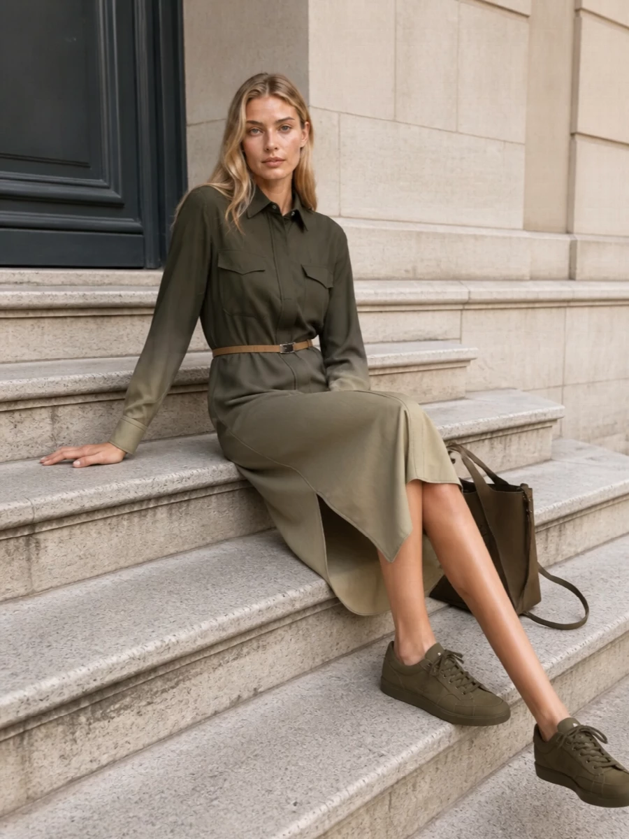 Olive shirt dress brown tote summer outfit