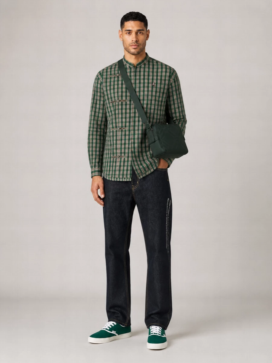 Undercover Checked Mandarin Collar Asymmetric Shirt