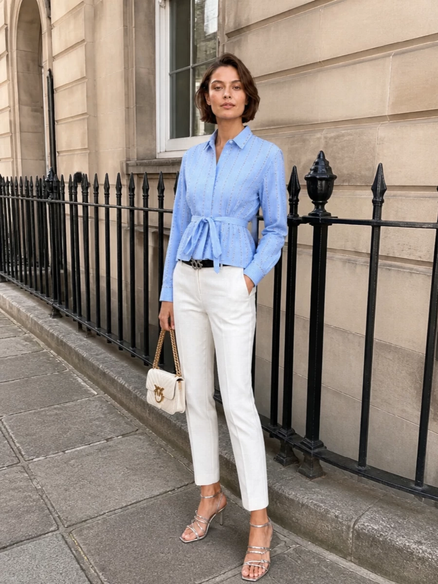 Crisp sky stripes and soft-white tailoring create a fresh, preppy base that feels sharp enough for meetings yet playful enough for terrace dinners. Silver studding and strappy metallic sandals add just the right hit of shimmer, while the ivory quilted bag and slim bird-buckle belt keep the finish polished rather than fussy. It is an easy city uniform when you want structure, lightness and a touch of shine in warm weather.