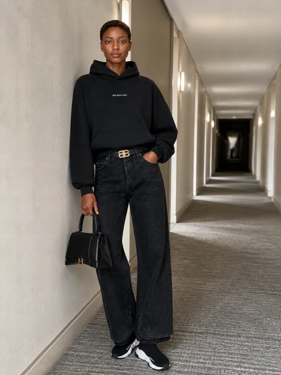 Balenciaga black hoodie wide leg jeans outfit