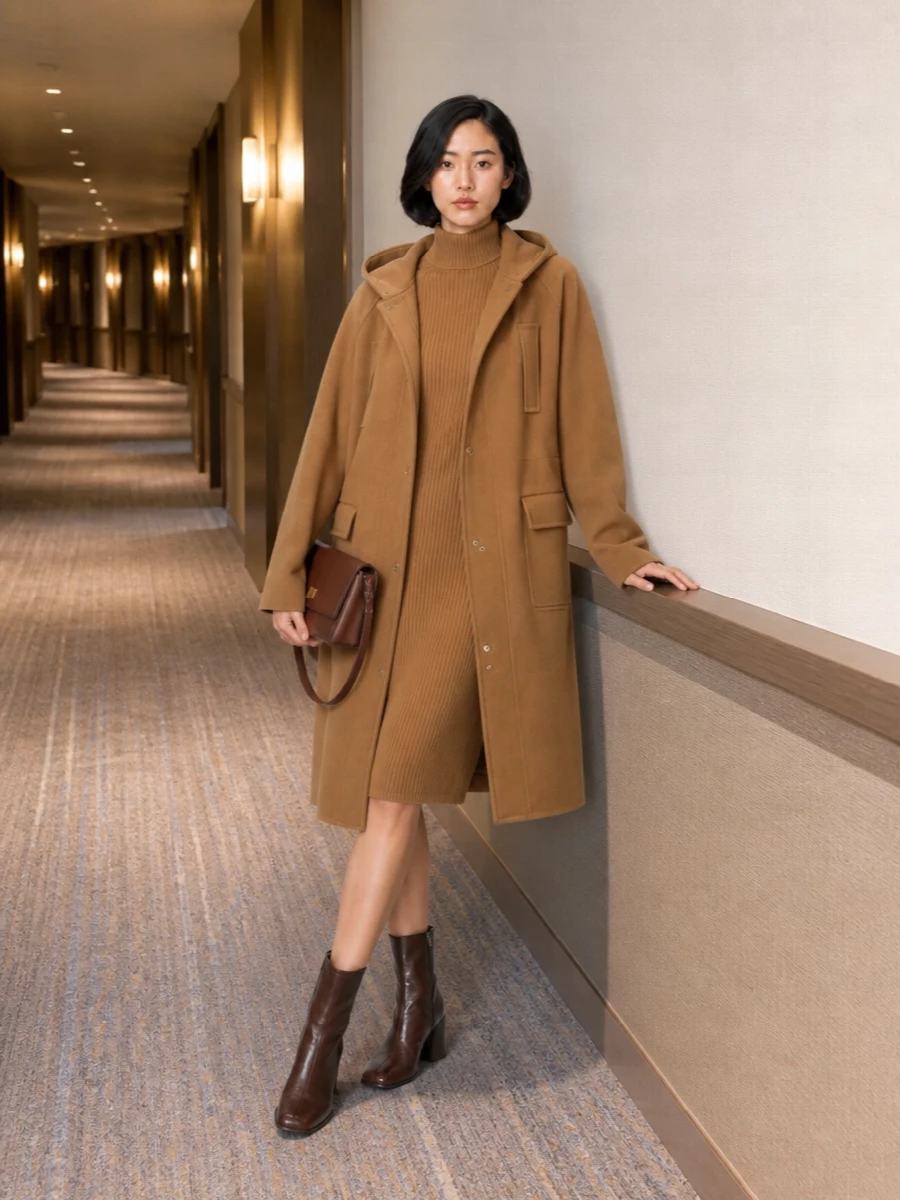 Max mara camel parka ribbed sweater dress outfit