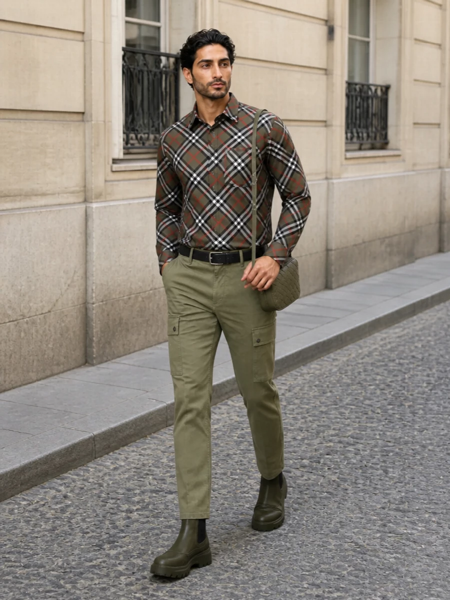 Olive Burberry cargos are paired with the deeper-toned check shirt for a sophisticated, military-inspired palette that still feels relaxed. Chunky olive Chelseas and a slim black textured belt keep the lines clean and contemporary, while the olive intrecciato crossbody introduces a subtle hit of Italian craft that quietly elevates the entire look. The result is a refined FW city uniform that balances utility, heritage check and modern luxury in equal measure.
