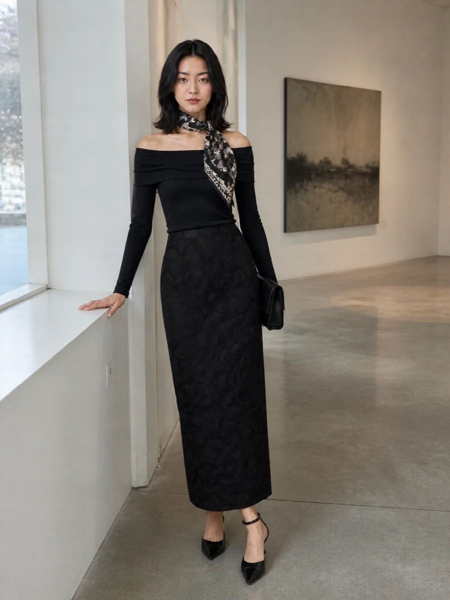 Max mara black off shoulder top maxi skirt outfit