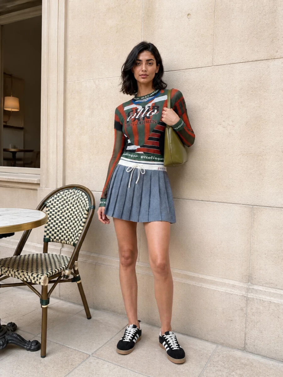 Graphic club energy meets sporty prep with the Ottolinger mesh top tucked into a slate blue tennis mini. Clean black sneakers and a sculpted olive shoulder bag keep the palette grounded while still reading sharply directional. The result feels ready for late-afternoon into night, more playful than formal but still considered from every angle.