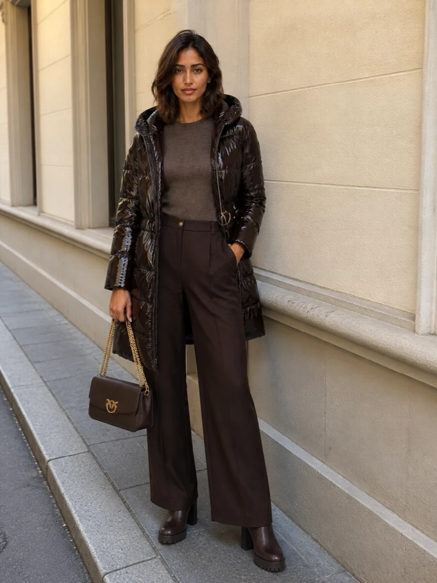 Pinko brown parka wide leg trousers boots