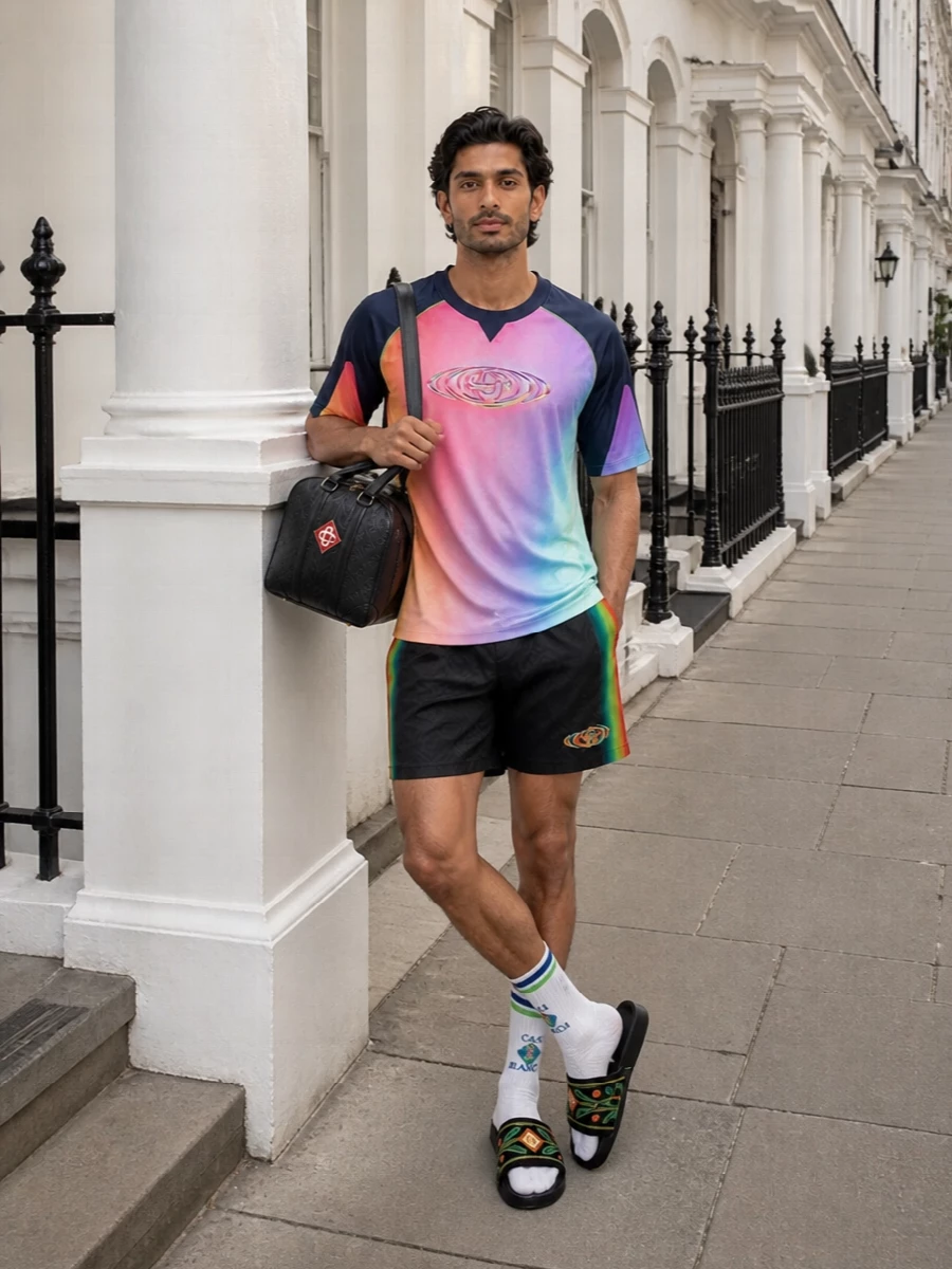This is full Casablanca club-sport attitude for the pool, with the gradient jersey tee picking up every neon note in the swim shorts for a unified, graphic statement. Embroidered slides keep things relaxed yet rich in texture, while the structured monogram duffle adds just enough polish to take you from sunbed to seaside bar without changing the vibe. The athletic socks are there for when you trade pool tiles for the promenade and lace into sneakers later on.