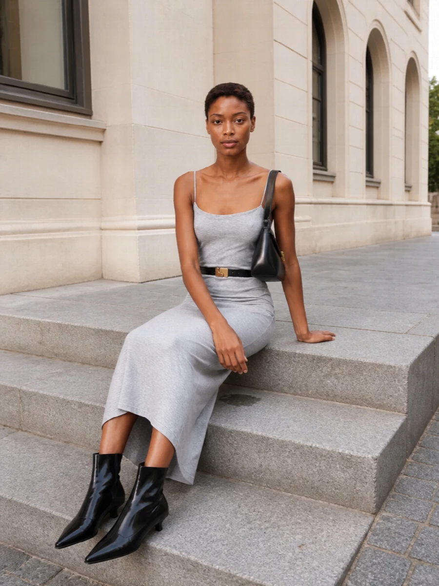 Toteme grey slip dress black ankle boots
