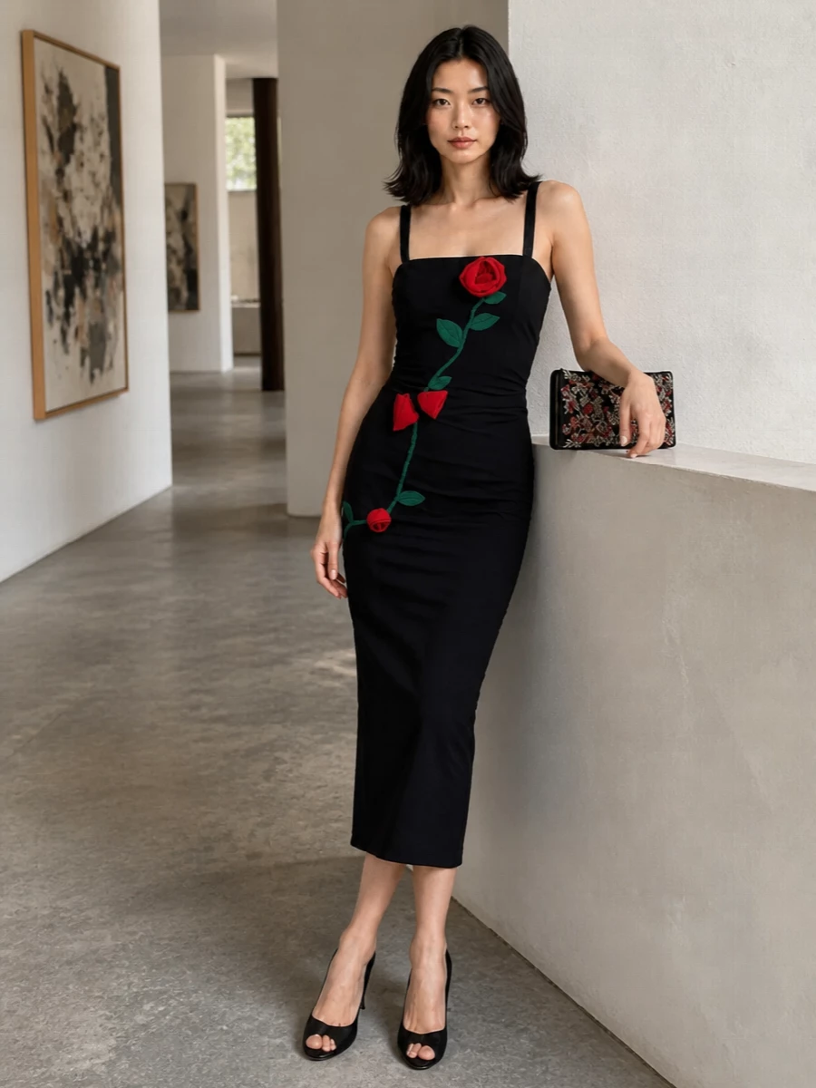 Dolce gabbana black rose midi dress pumps