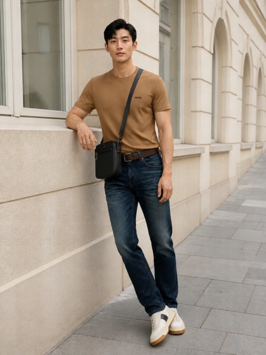 Boss camel tee dark denim neutral sneakers