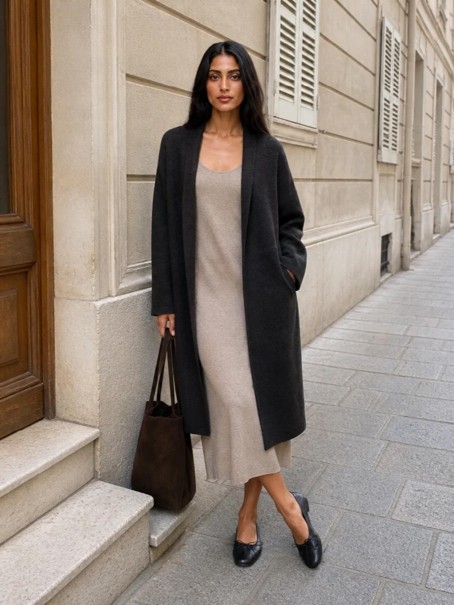 The row coat beige knit slip dress outfit