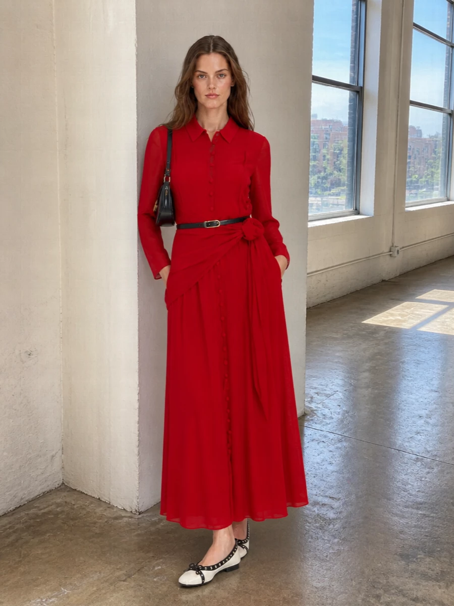 Ganni red maxi dress black baguette bag
