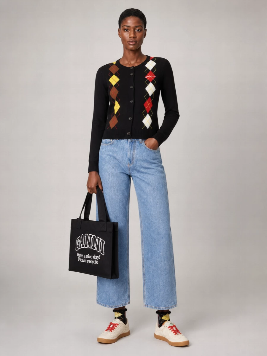 Ganni Organic Cotton Diamond-Pattern Cardigan