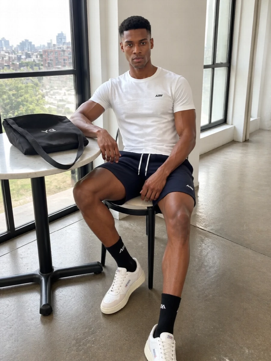 Autry tshirt navy shorts white sneakers