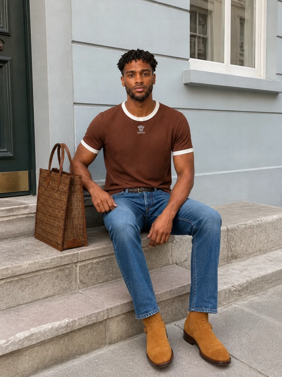 Versace jeans brown tee suede boots tote